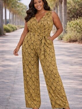 Nikki Poulos 1X Mustard Art Deco Wide Leg Jumpsuit Tie Waist Boho Chic 22x32